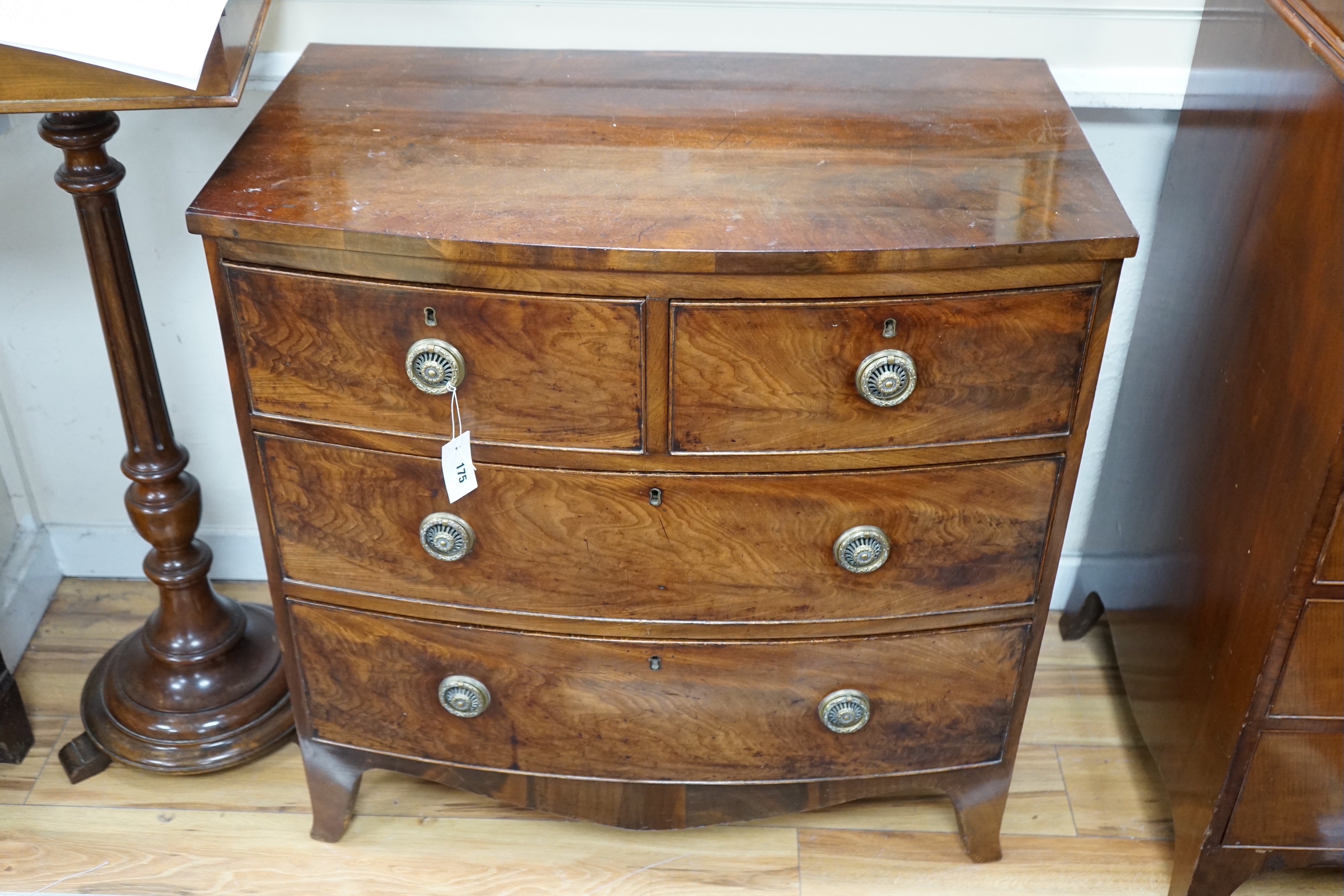 A Regency mahogany bowfront chest, width 88cm, depth 51cm, height 89cm